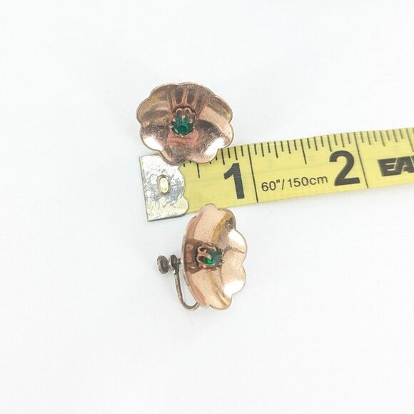 Sterling Silver Vermeil Signed Vintage Green Stone Emerald Flower Earrings - Picture 3 of 3